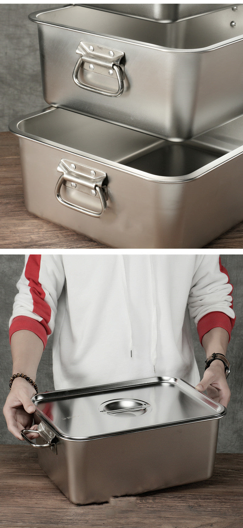 Stainless Steel Food Turnover Square Basin With Lid And Handle